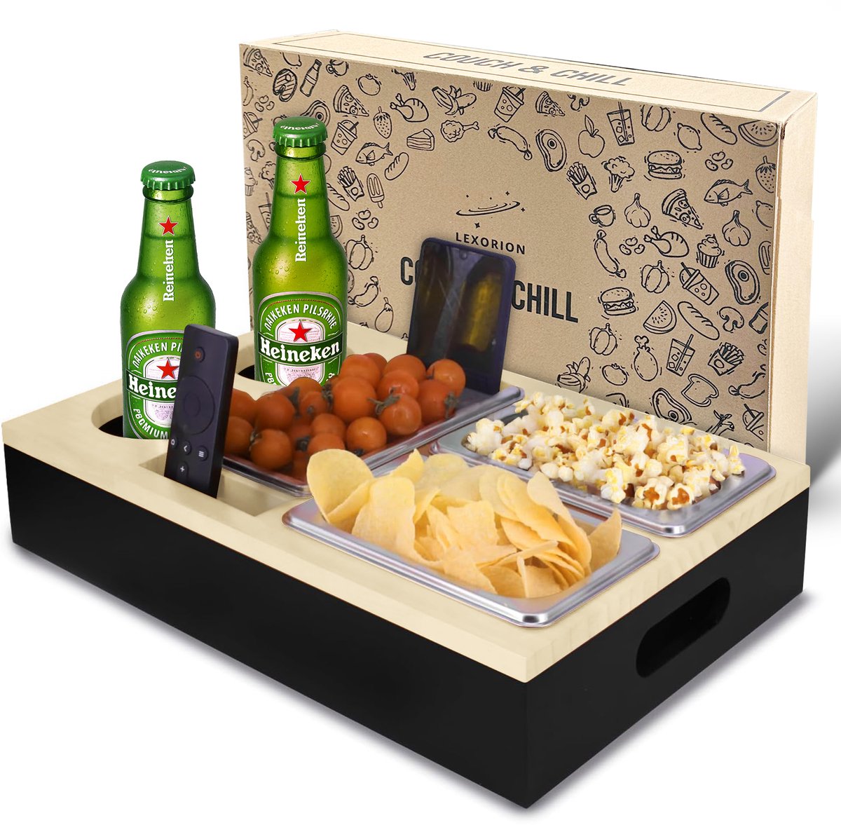 Lexorion Couch Sofa Bar Snack Box – Couch & Chill Sofa Tray – Bamboe Bank Butler – Zwarte Sofa Bar Snack Box met Roestvrijstalen Kommen – Cupholder – Wijn Glazen Houder – Organizer voor Afstandsbediening en Snacks – Cadeau voor Hem & Haar