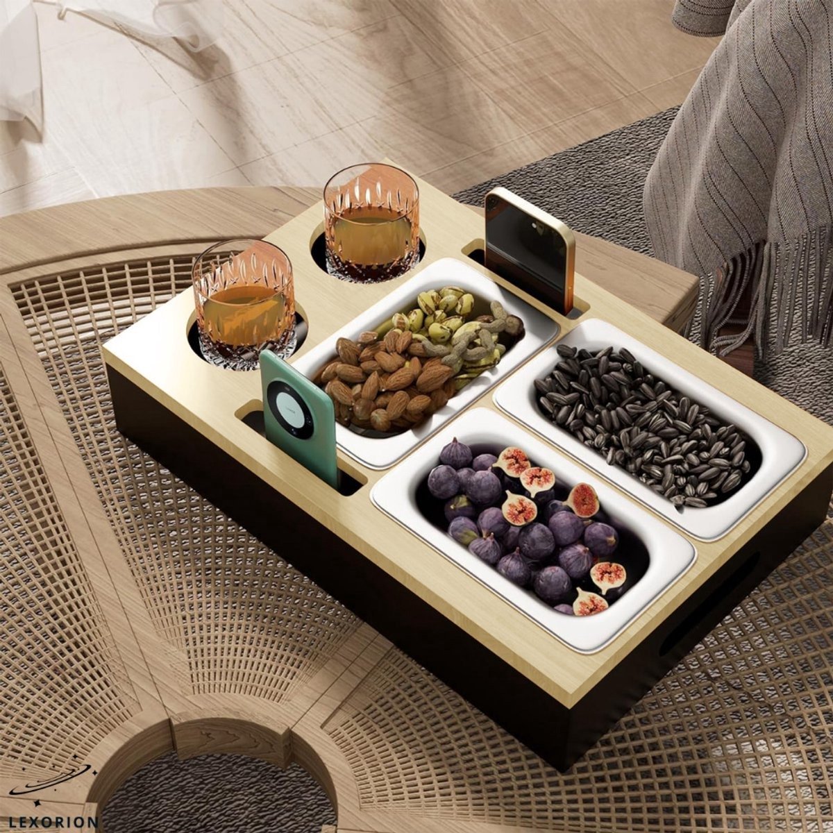 Lexorion Couch Sofa Bar Snack Box – Couch & Chill Sofa Tray – Bamboe Bank Butler – Zwarte Sofa Bar Snack Box met Roestvrijstalen Kommen – Cupholder – Wijn Glazen Houder – Organizer voor Afstandsbediening en Snacks – Cadeau voor Hem & Haar — cadeau in Kookcadeaus - foto 6