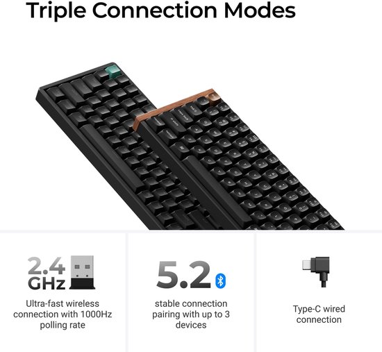 Twee zwarte Keychron K2 HE toetsenborden, één met houten rand en de andere met een groene "esc"-toets. Iconen tonen 2.4 GHz, Bluetooth 5.2 en USB-C.