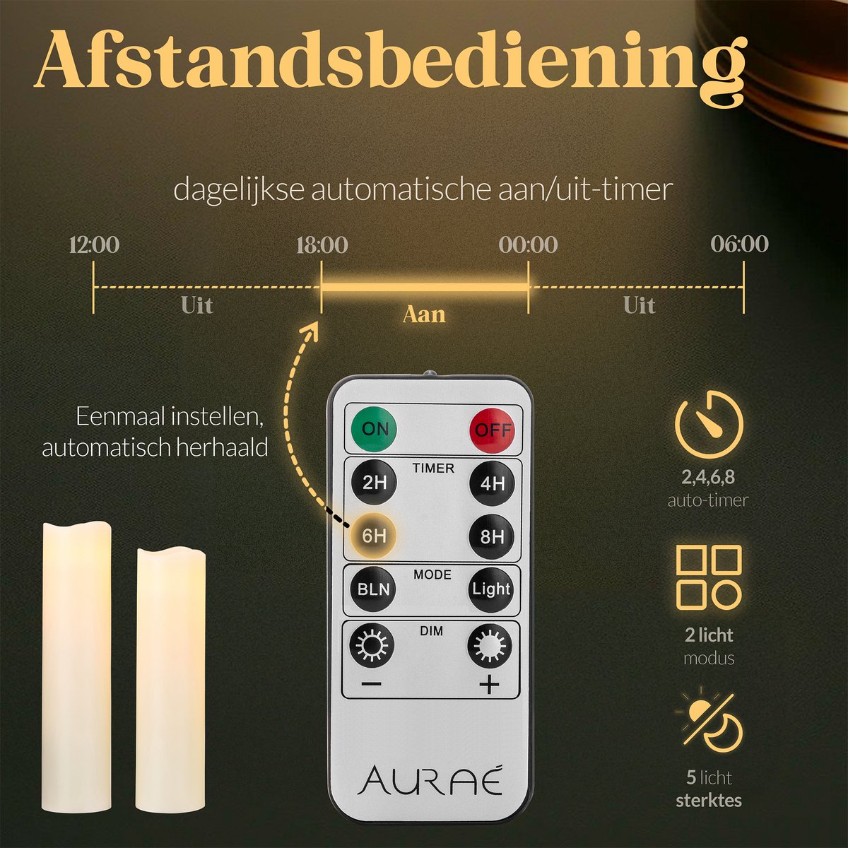 Aurae Led Kaarsen met Afstandsbediening - 9x - Echte Wax - Flikkerende Vlam - 250+ Branduren - op Batterijen - Timer - Kerst Kaarsen — cadeau in Wonen & Interieur - foto 2