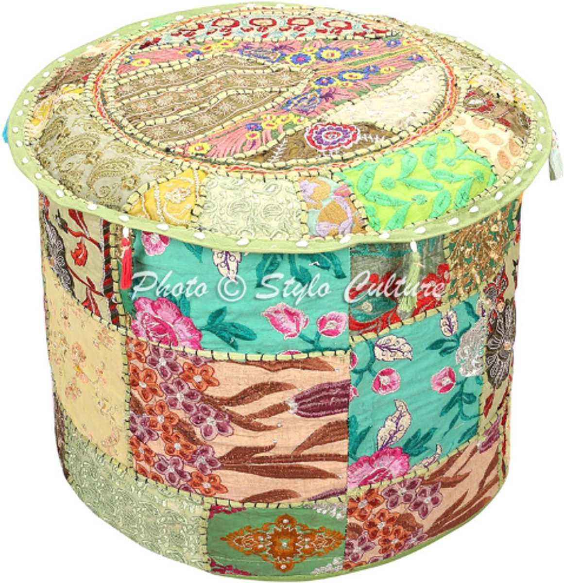 BOG Stoffen Poef Stoel Vintage Voetenbank Hoes - Groene Indiase Geborduurde Patchwork Katoenen Traditionele Ronde Poef Hoes - 45cm