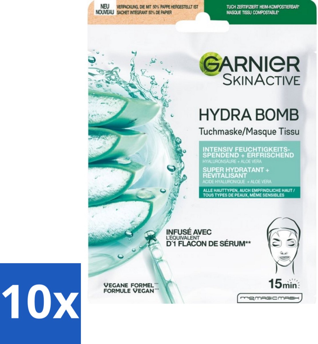 10 x Garnier - SkinActive - Hydrabomb Tissue Masker - Hyaluronzuur & Aloe Vera - Super Hydraterend - 1 Gezichtsmasker - Hyaluronzuur Masker - Aloe Vera Masker - Gezichtsmasker - Hydratierende Masker - Super Hydraterend Masker