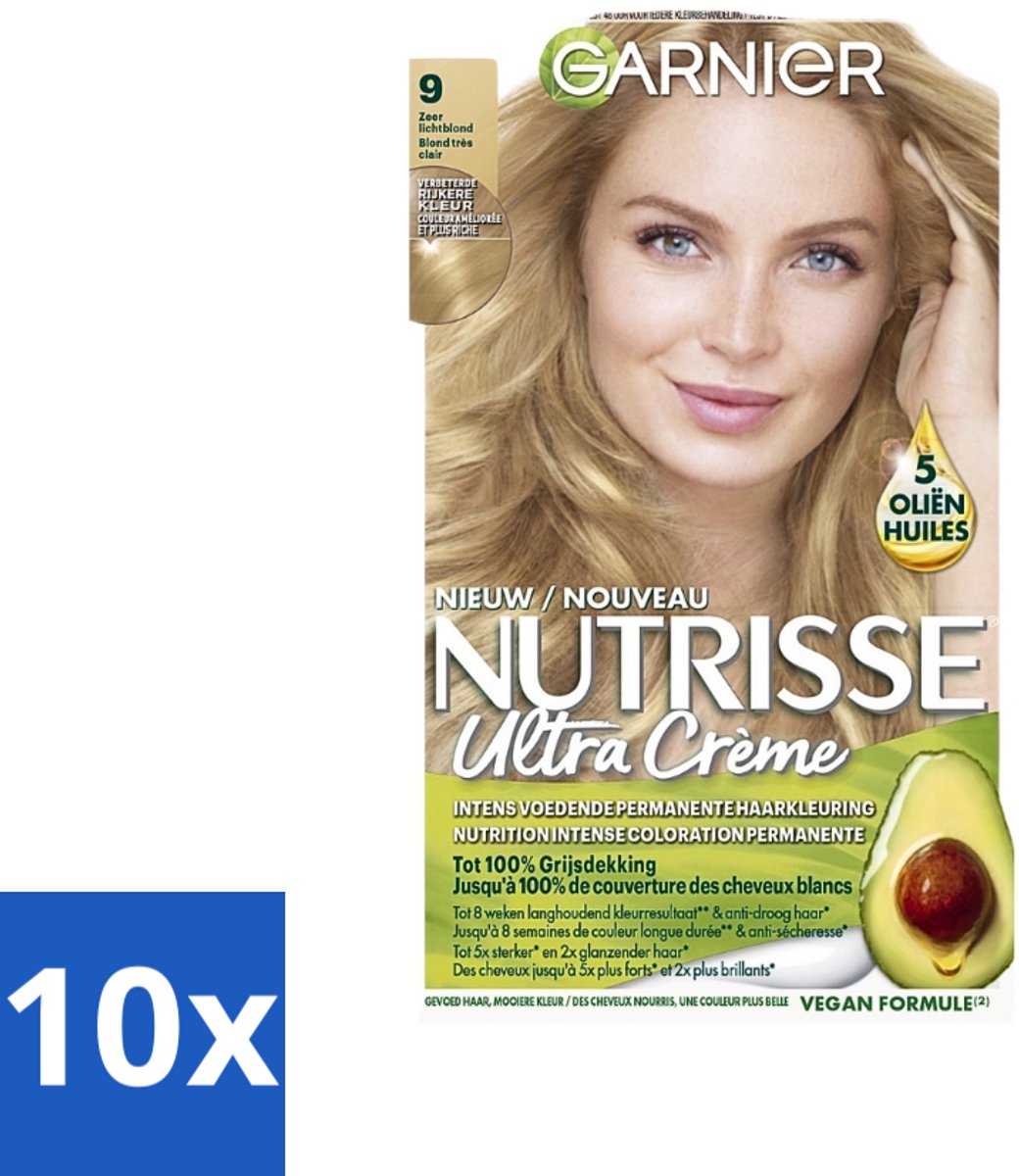 10 x Garnier - Nutrisse Ultra Crème 9 - Haarkleuring - Zeer Lichtblond - Intens Voedend - Permanente Kleur - Haarkleuring - Haarverf - Permanente Kleur - Zeer Lichtblond - Grijsdekking