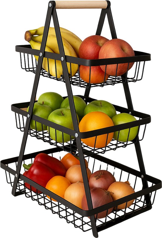 Zwart metalen fruitrek met 3 etages, gevuld met bananen, appels, sinaasappels, paprika's en uien.