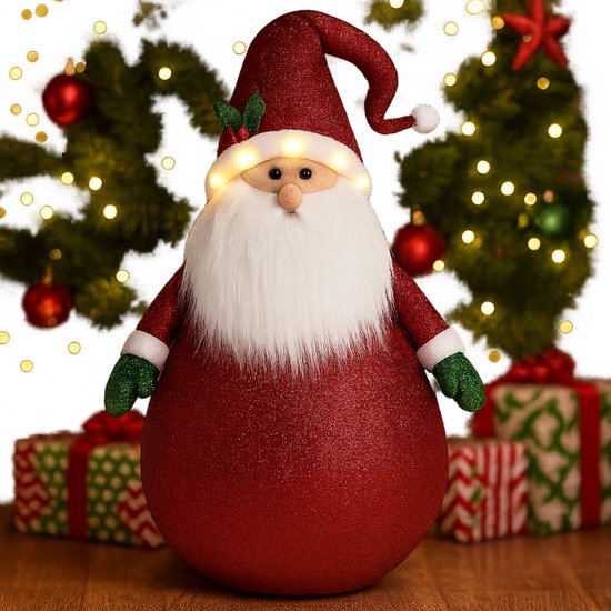 Glanzende rode kerstman met witte baard, groene handschoenen, verlicht gezicht en kerstdecoratie.