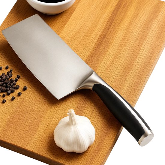 Lomera Hakbijl inoxydable - Poignée ergonomique - Hachage de viande - Découpe de légumes - Hachage d'herbes - Côté plat large - Lame solide - Découpe de viande dure - Finition mate - Lame de 17 cm - Hachage fin et découpe - Écrasement et fendage