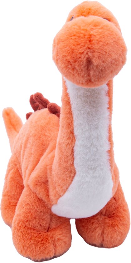 Oranje Brachiosaurus knuffel van voren gezien, met witte borst en bruine rugstekels.
