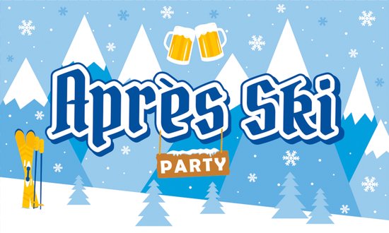 Aprés Ski Party banner met bergen, ski's, twee bierpullen en sneeuwvlokken.。