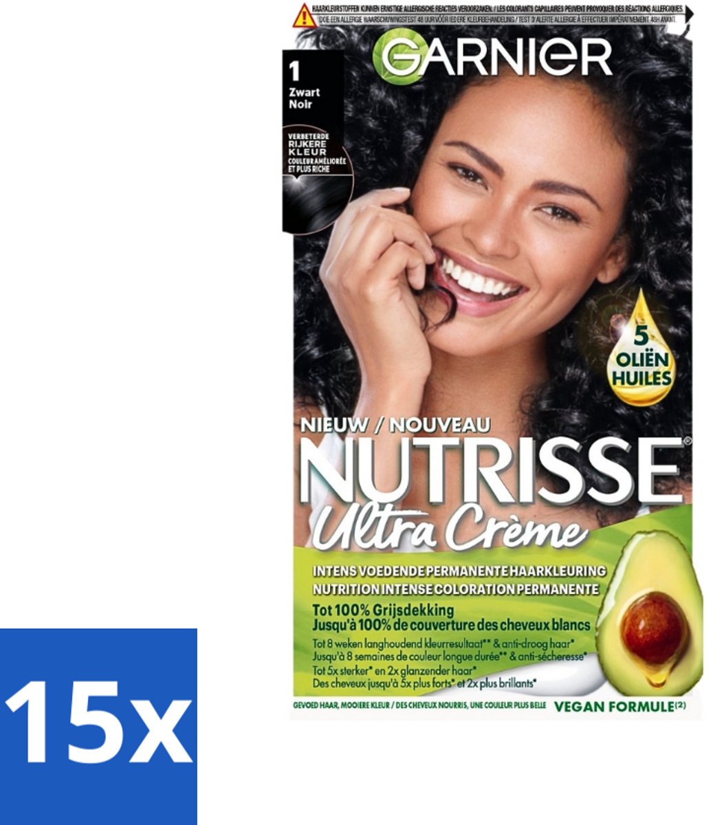 15 x Garnier - Nutrisse Ultra Crème 1 - Haarkleuring - Zwart - Intens Voedend - Permanente Kleur - Haarverf - Permanent Haarverf - Voedend Haarverf - Grijsdekking - Haarverf Zwart