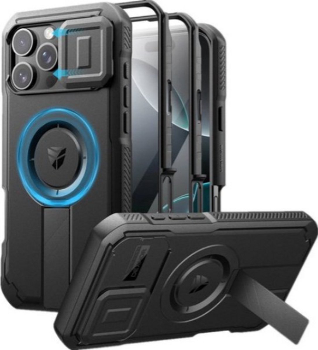 Rugged Armor Schokbestendige Hoes Geschikt voor iPhone 16 Pro Max met Ingebouwde Schuifcamera Cover, Schermbeschermer en Kickstand voor Smartphone