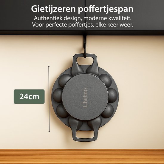 Chefino Poffertjespan Gietijzer 24 cm – 19 Poffertjes Tegelijk – Geschikt voor Gas, Inductie, Keramisch en Oven – BPA-vrij, Anti-aanbaklaag