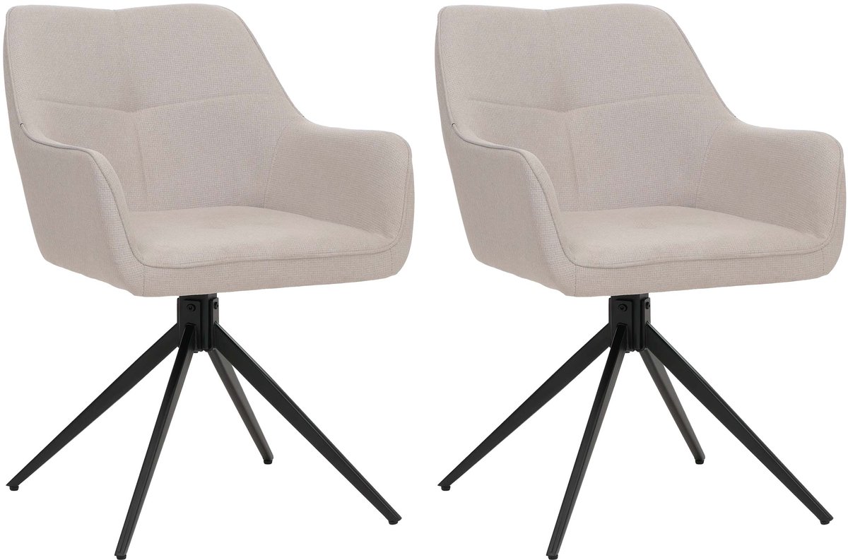 Set van 2 eetkamerstoelen MCW-O47, armleuning keukenstoel, draaibaar met automatische terugvering, stof/textiel (270g/m²) ~ crèmewit