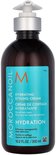Bruine fles met pompdispenser van Moroccanoil Hydrating Styling Cream. Turquoise label met oranje M-logo.