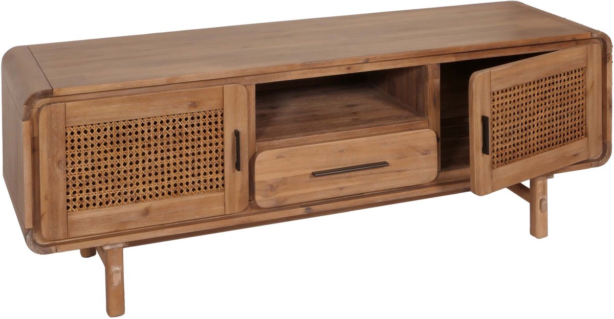 MCW TV-rek MCW-M47, TV-tafel lowboard ladekast, opbergvakken lade, rotan acacia massief hout gebeitst 160cm 32kg bruin