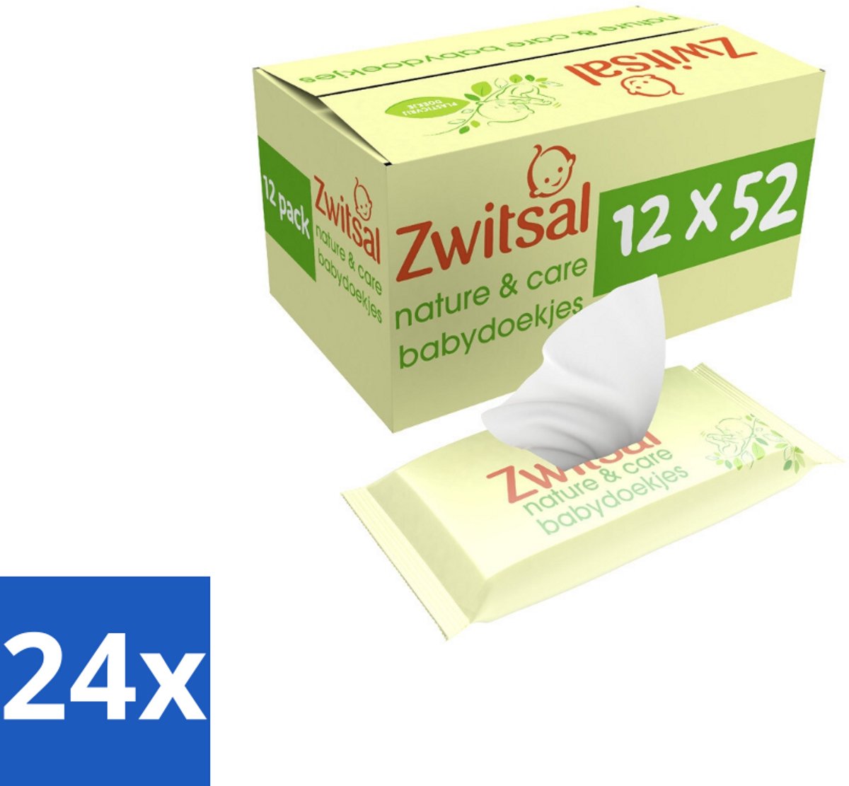 24 x Zwitsal - Billendoekjes Nature & Care - Plasticvrij - 12 x 52 stuks per verpakking - Biologische Babydoekjes - Plasticvrije Billendoekjes - Zwitsal Babydoekjes - Zachte Babydoekjes - Luieruitslag Voorkomen