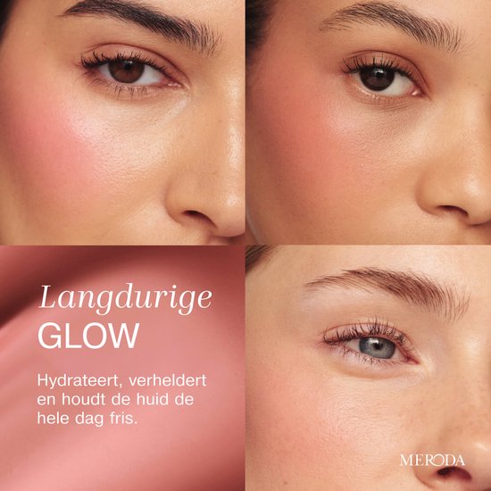 Vier close-ups van de ogen en wangen van modellen met een natuurlijke blos. Langdurige GLOW die de huid de hele dag fris houdt.