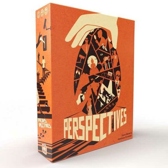 Oranje speldoos met 'PERSPECTIVES' in beige letters, een ei-vormig icoon met zwarte silhouetten en een hand.