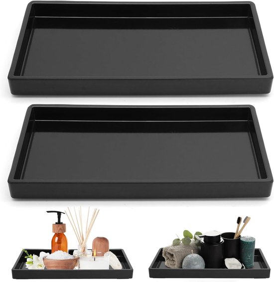 Lot de 2 plateaux de salle de bain en résine – Plateau décoratif noir 22 x 12 x 2 cm – Petit plateau pour salle de bain – Décoration de Cuisine et de coiffeuse (rectangulaire)