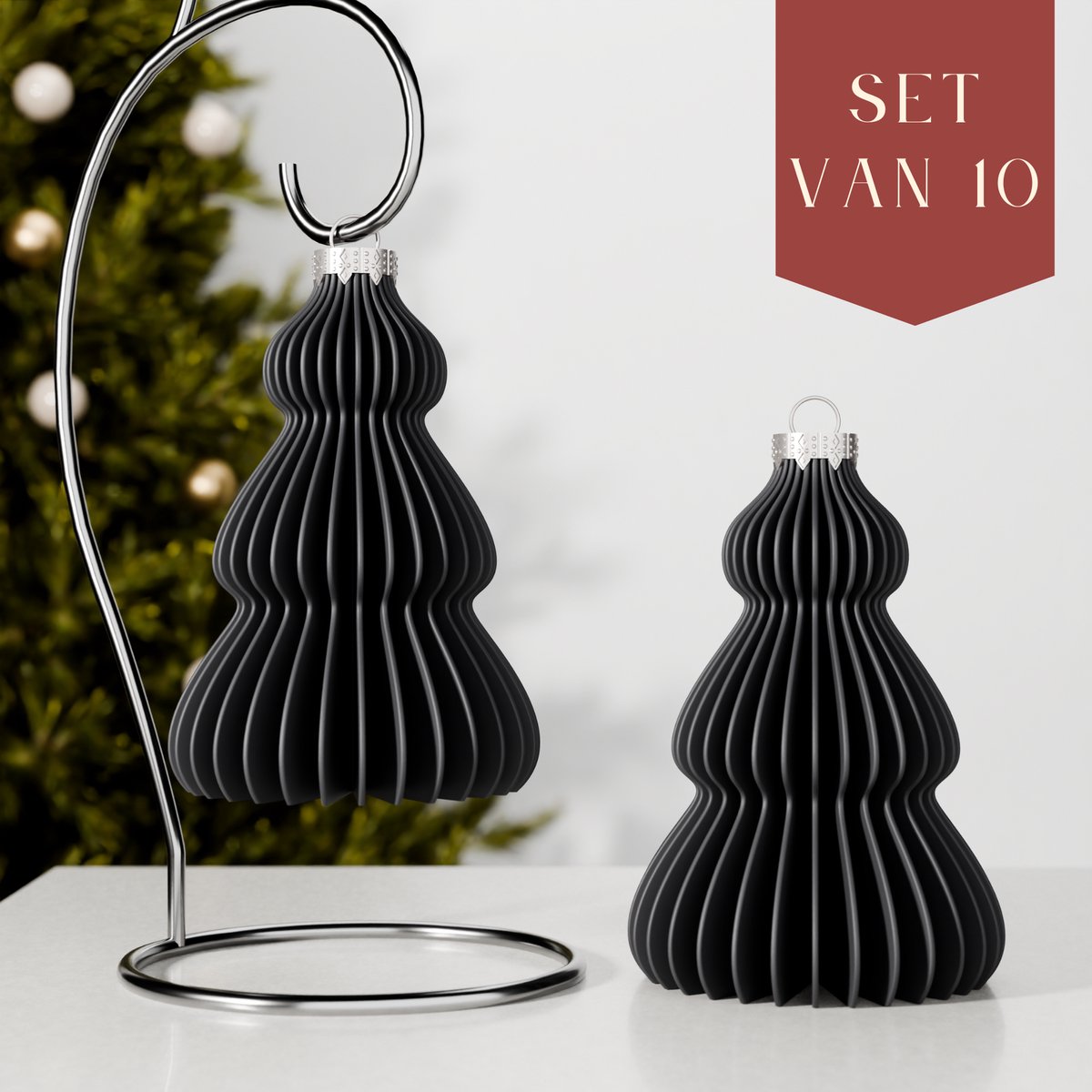 Fleuriek – Luxe kerstbal kerstboom – Zwart, 10 stuks – Onbreekbare kunststof kerstornamenten – Boomvormige kerstballen, moderne kerstversiering