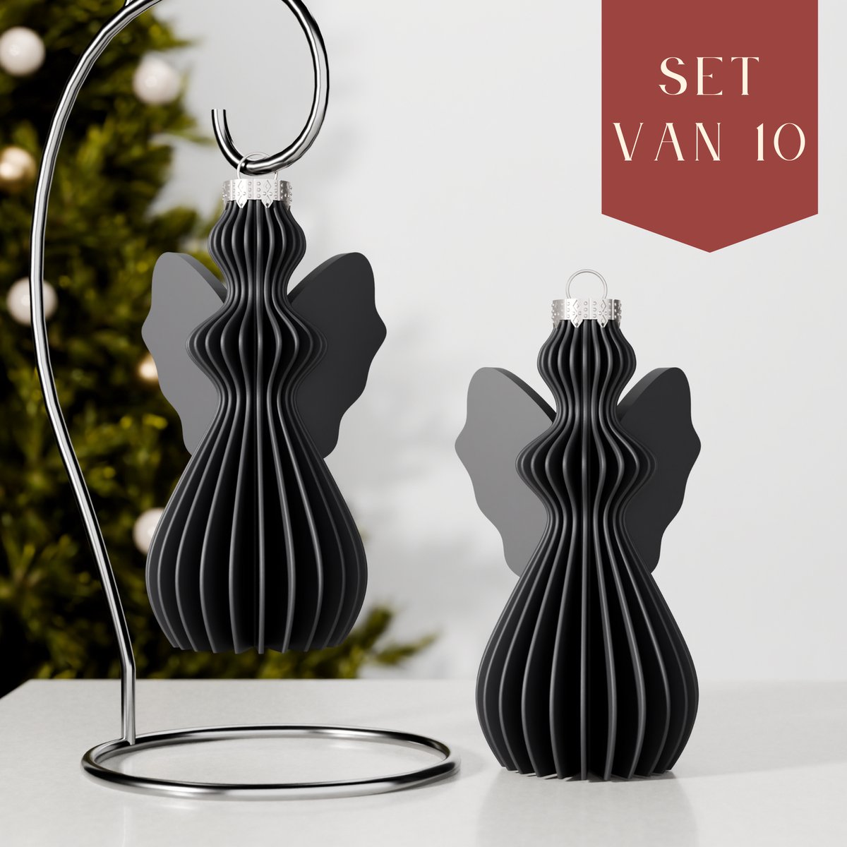 Fleuriek – Luxe kerstbal engel – Zwart, 10 stuks – Onbreekbare kunststof kerstornamenten – Engelvormige kerstballen, moderne kerstversiering
