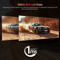 Monitor toont snelle auto op stoffig circuit. Linkerhelft op 60Hz, rechterhelft op 180Hz, met 1ms (MPRT) reactietijd indicator.