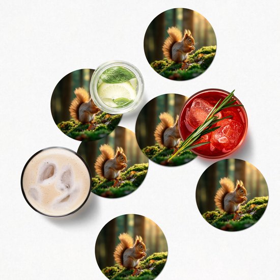 Sous-verres de verre ronds - Motifs écureuil, noix et herbe - 10 x 10 cm - Lot de 6
