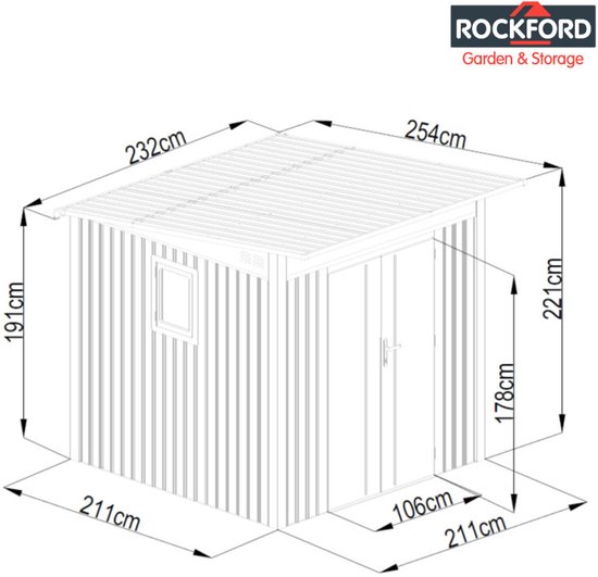 Rockford Porto 200 metalen tuinhuis met lessenaarsdak - Tuinschuur met centraal slot, polycarbonaat ramen en regenpijpen - 232 x 254 cm - Antraciet