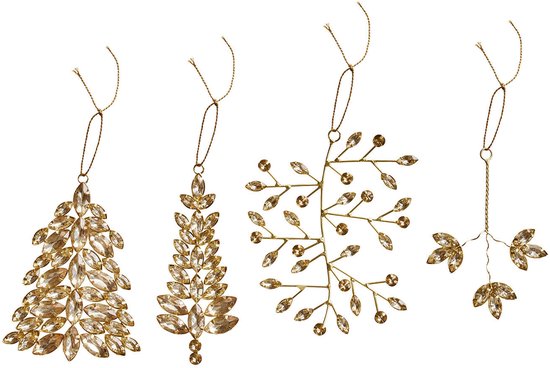 Quatre décorations de Noël dorées : deux arbres, un flocon de neige et une branche, ornés de pierres claires.