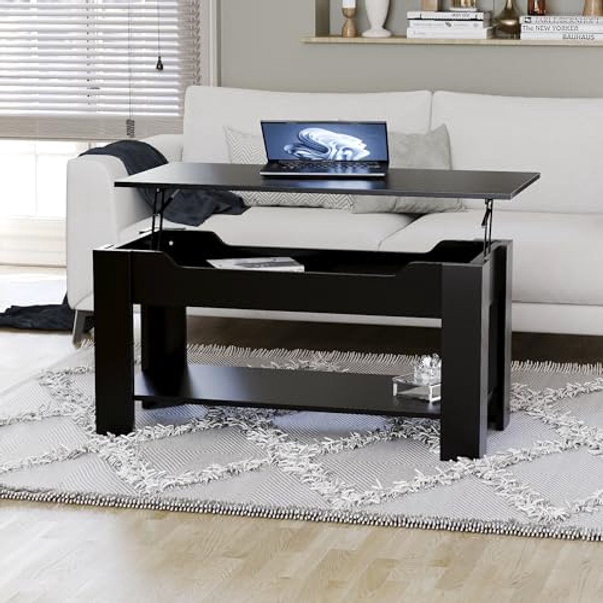 Opklapbare Salontafel met Verstevigd Opbergvak en Onderste Plank - Modern Design - H 48-60 x L 100 x B 48 cm