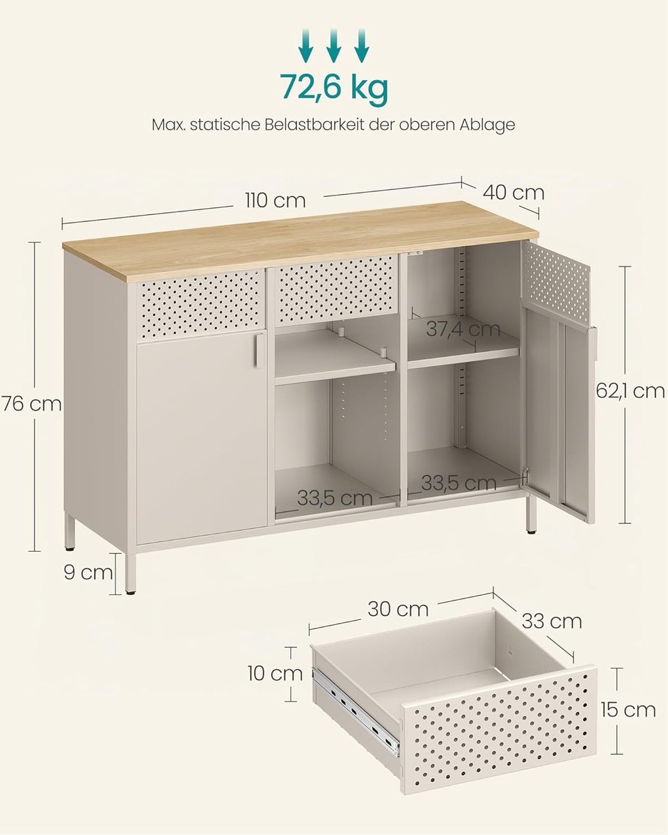Metalen Opbergkast met Lade en Dubbele Deur – Dressoir met Verstelbare Planken, Magneetsluiting & Stalen Frame – Industrieel Kastje – Zandbeige & Natuurlijke Eik – 110x40x76 cm - Ganeey