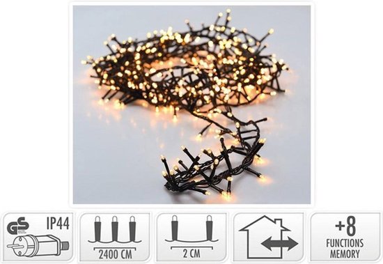 Een cluster van warme witte LED-lichtjes aan een zwarte draad. De draad is opgerold. Icons tonen IP44, 2400 cm, 2 cm, huis en 8 functies.