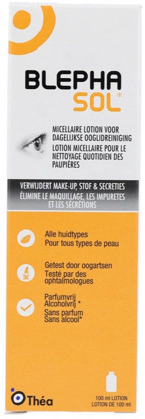 Verpakking van Blephasol Micellaire Lotion voor dagelijkse ooglidreiniging. Wit met oranje cirkel logo en tekst.