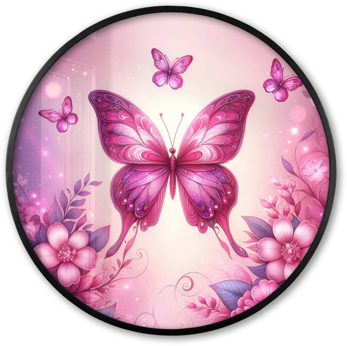 FrameYourWall Poster in lijst Rond - Fotolijst 60x60 cm - Posters - Vlinder - Roze - Bloemen - Ronde posterlijst zwart - Decoratie - Wanddecoratie woonkamer - Muurdecoratie slaapkamer