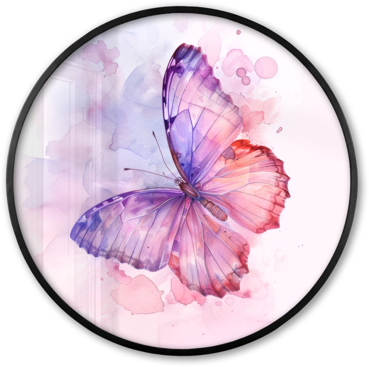 FrameYourWall Poster in lijst Rond - Fotolijst 80x80 cm - Posters - Vlinder - Paars - Pastel kleuren - Verf - Ronde posterlijst zwart - Decoratie - Wanddecoratie woonkamer - Muurdecoratie slaapkamer