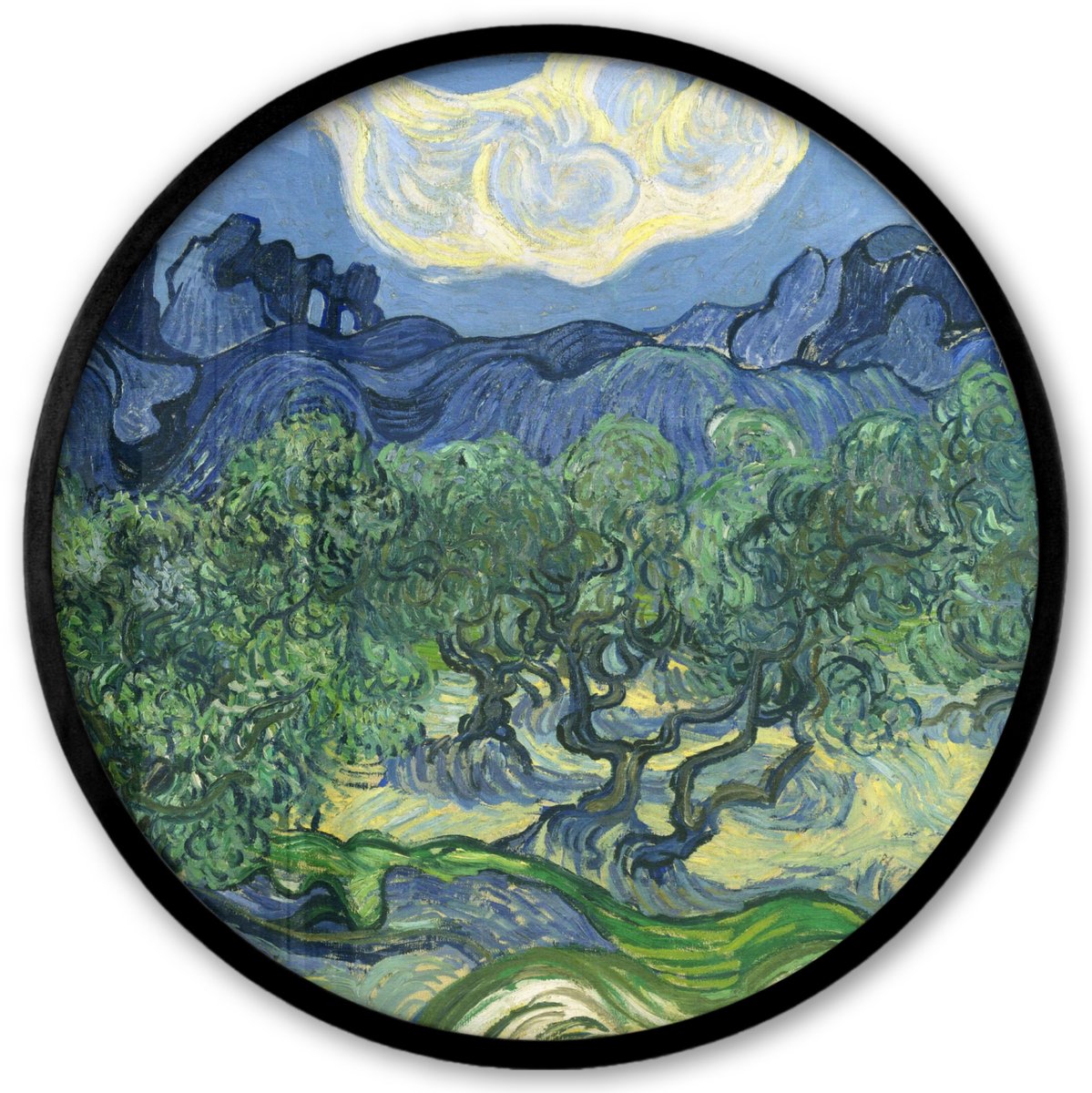 FrameYourWall Poster in lijst Rond - Fotolijst 40x40 cm - Posters - De olijfbomen - Vincent van Gogh - Ronde posterlijst zwart - Decoratie - Wanddecoratie woonkamer - Muurdecoratie slaapkamer Multicolor