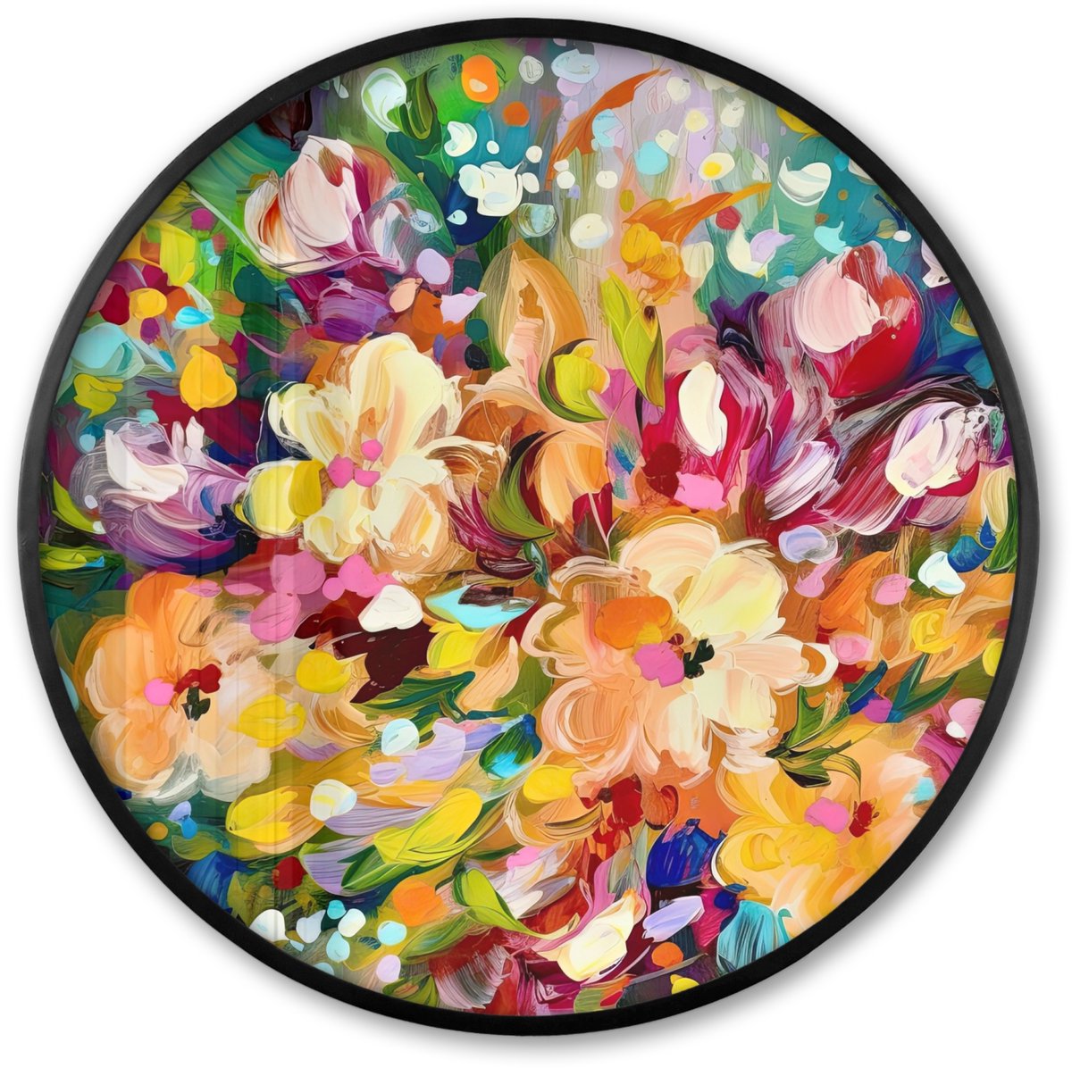 FrameYourWall Poster in lijst Rond - Fotolijst 80x80 cm - Posters - Schilderij - Olieverf - Bloemen - Regenboog - Ronde posterlijst zwart - Decoratie - Wanddecoratie woonkamer - Muurdecoratie slaapkamer Bloemen - Kleurrijk
