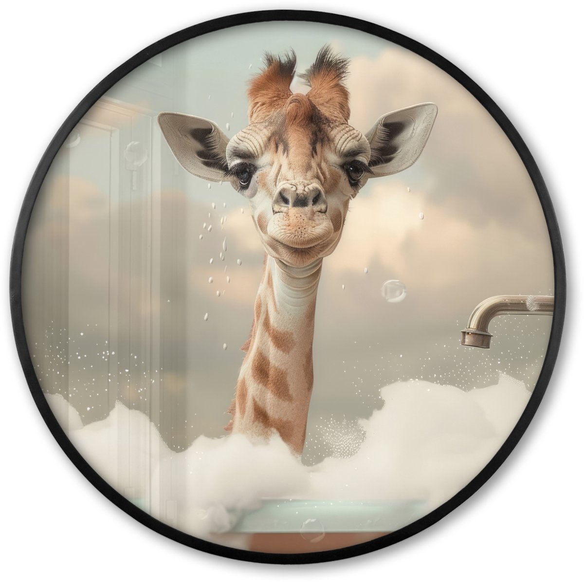 FrameYourWall Poster in lijst Rond - Fotolijst 80x80 cm - Posters - Giraffe - Wilde dieren - Bad - Schuim - Ronde posterlijst zwart - Decoratie - Wanddecoratie woonkamer - Muurdecoratie slaapkamer Giraf - Bad