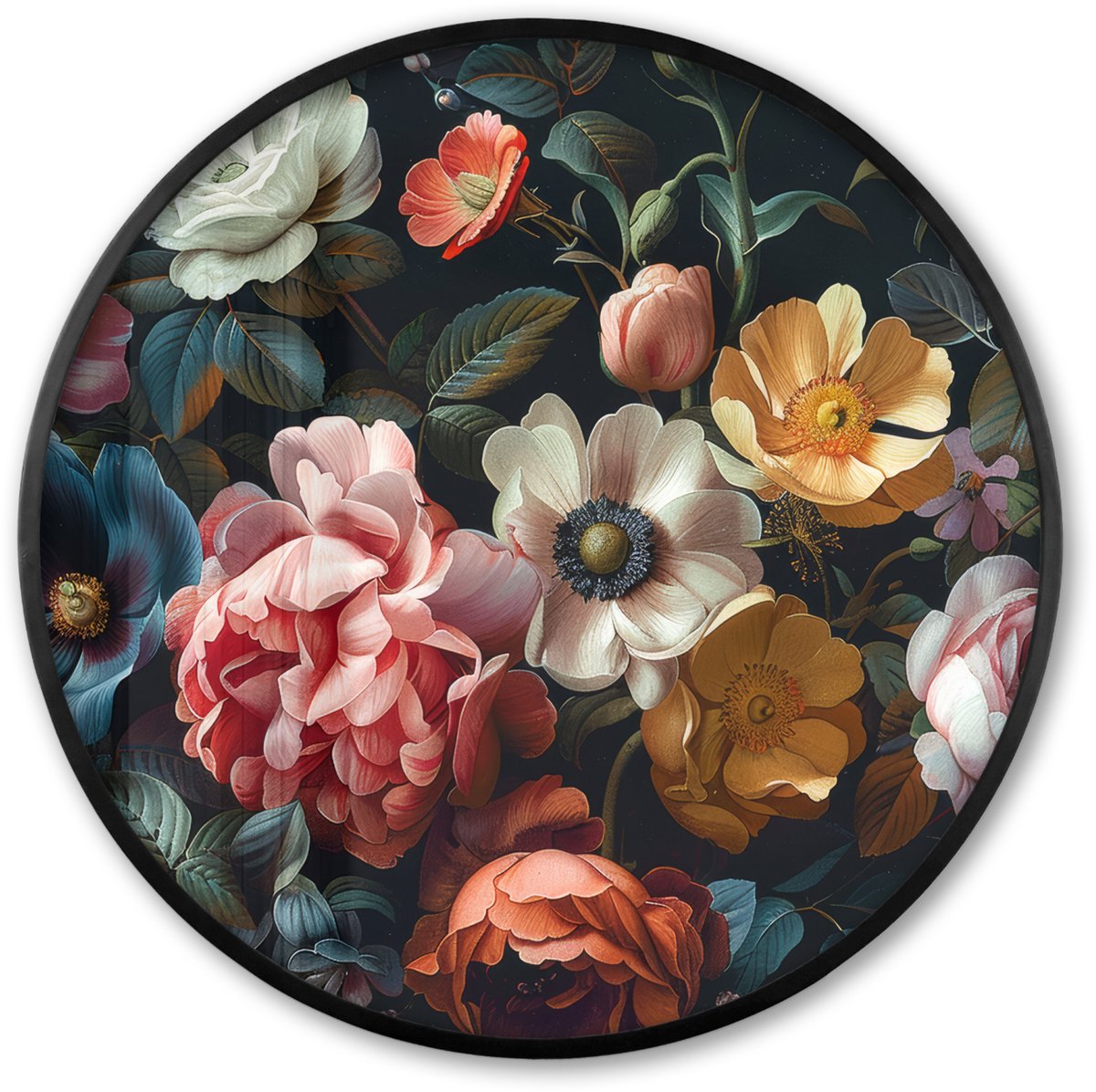 FrameYourWall Poster in lijst Rond - Fotolijst 80x80 cm - Posters - Vintage - Kleurrijk - Bloemen - Modern - Ronde posterlijst zwart - Decoratie - Wanddecoratie woonkamer - Muurdecoratie slaapkamer Vintage - Bloemen