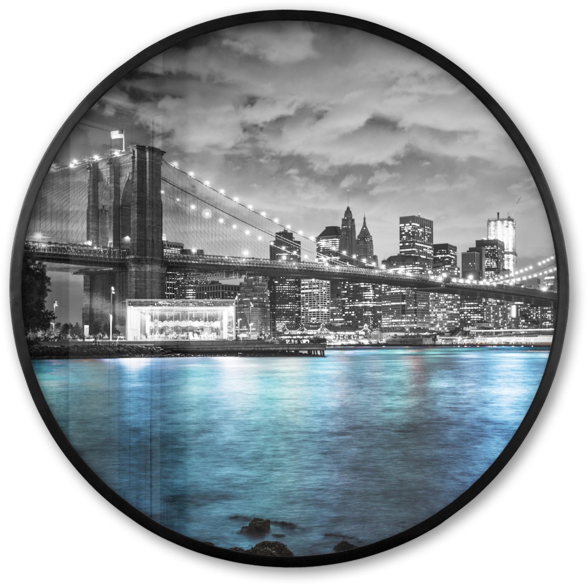FrameYourWall Poster in lijst Rond - Fotolijst 60x60 cm - Posters - New York - Skyline - Stad - Blauw - Ronde posterlijst zwart - Decoratie - Wanddecoratie woonkamer - Muurdecoratie slaapkamer