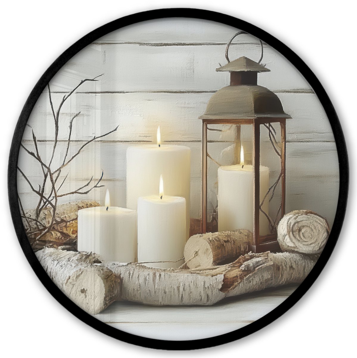 FrameYourWall Poster in lijst Rond - Fotolijst 40x40 cm - Posters - Stilleven - Wit - Kaarsen - Rustiek - Natuur - Ronde posterlijst zwart - Decoratie - Wanddecoratie woonkamer - Muurdecoratie slaapkamer