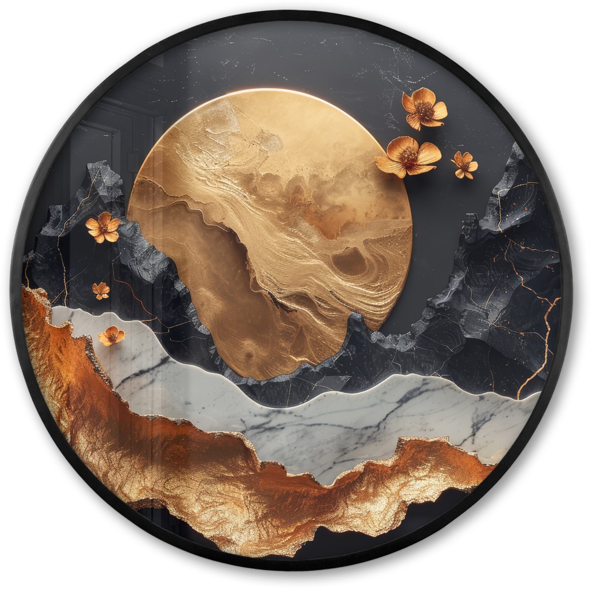 FrameYourWall Poster in lijst Rond - Fotolijst 80x80 cm - Posters - Kunst - Goud - Modern - Abstract - Ronde posterlijst zwart - Decoratie - Wanddecoratie woonkamer - Muurdecoratie slaapkamer