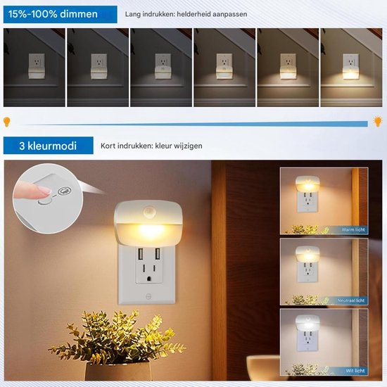 Dussdote Nachtlampje met bewegingssensor - 2-pack - Nachtlampje met instelbare helderheid - Aan/Auto/Uit-stand - Ideaal geschikt voor kinderkamers, slaapkamers, trappen, gangen en keukens - Warm wit van Merkloos — afbeelding 4