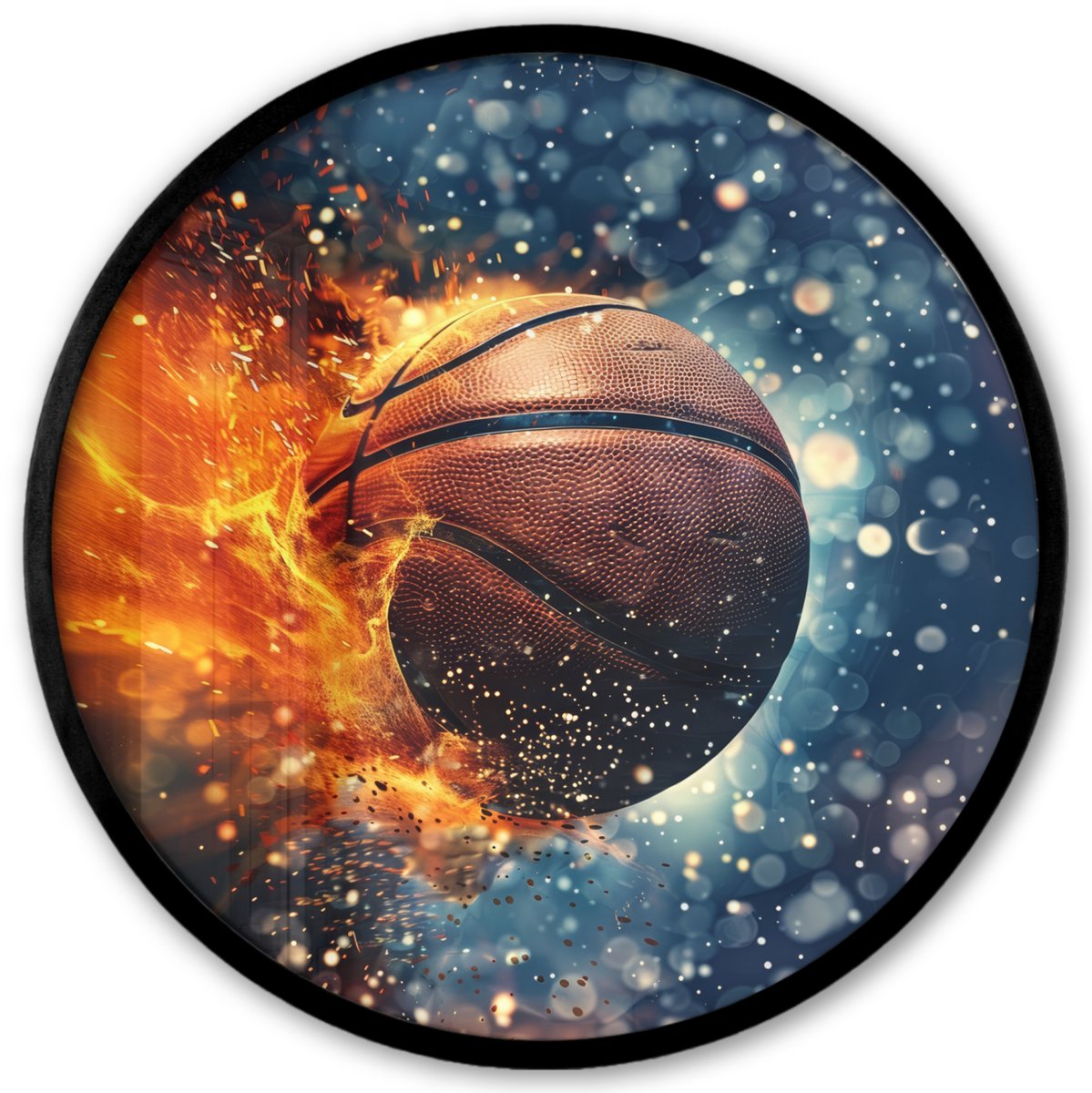 FrameYourWall Poster in lijst Rond - Fotolijst 40x40 cm - Posters - Basketbal - Vuur - Sport - Blauw - Oranje - Ronde posterlijst zwart - Decoratie - Wanddecoratie woonkamer - Muurdecoratie slaapkamer