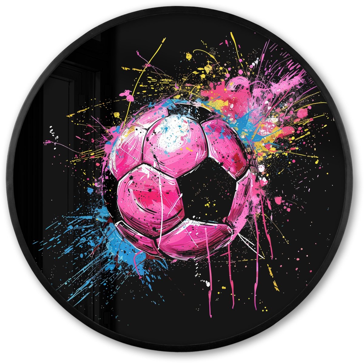 FrameYourWall Poster in lijst Rond - Fotolijst 80x80 cm - Posters - Graffiti - Sport - Voetbal - Bal - Roze - Ronde posterlijst zwart - Decoratie - Wanddecoratie woonkamer - Muurdecoratie slaapkamer