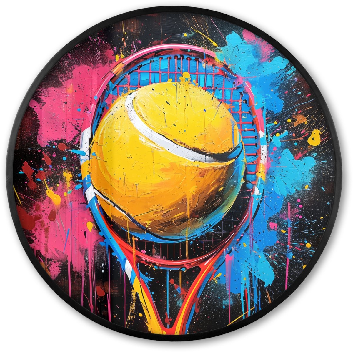FrameYourWall Poster in lijst Rond - Fotolijst 60x60 cm - Posters - Graffiti - Tennis - Sport - Racket - Ronde posterlijst zwart - Decoratie - Wanddecoratie woonkamer - Muurdecoratie slaapkamer
