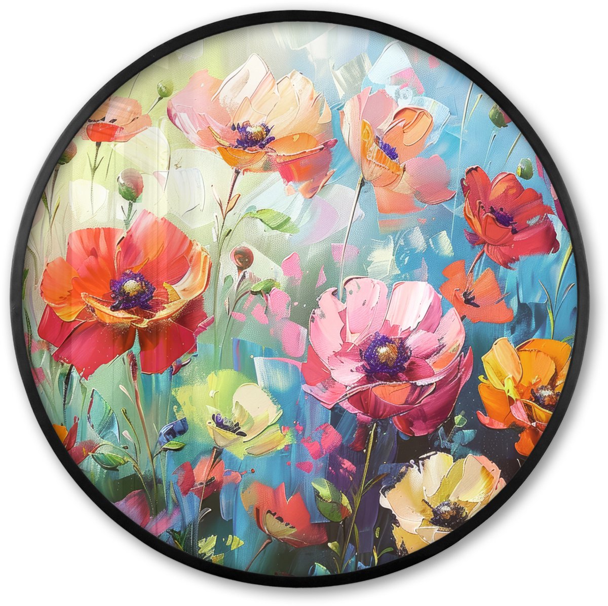 FrameYourWall Poster in lijst Rond - Fotolijst 80x80 cm - Posters - Bloemen - Kleurrijk - Waterverf - Natuur - Zomer - Ronde posterlijst zwart - Decoratie - Wanddecoratie woonkamer - Muurdecoratie slaapkamer Zomerse bloemen