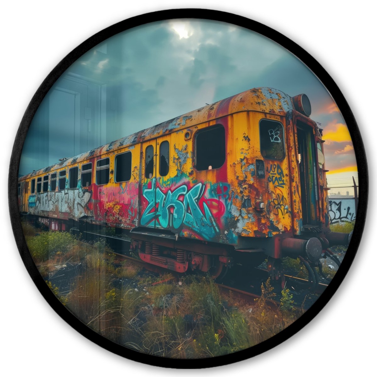 FrameYourWall Poster in lijst Rond - Fotolijst 40x40 cm - Posters - Graffiti - Verlaten trein - Street art - Ronde posterlijst zwart - Decoratie - Wanddecoratie woonkamer - Muurdecoratie slaapkamer Graffiti - Trein