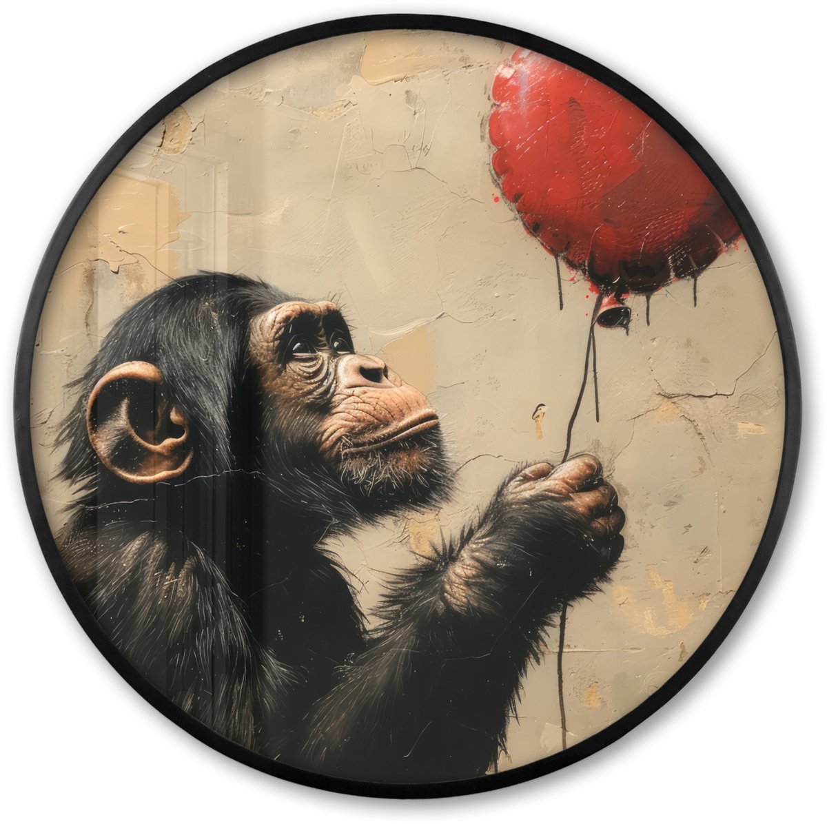 FrameYourWall Poster in lijst Rond - Fotolijst 80x80 cm - Posters - Street art - Chimpansee - Ballon - Graffiti - Banksy Style - Ronde posterlijst zwart - Decoratie - Wanddecoratie woonkamer - Muurdecoratie slaapkamer Kinderen - Ballonnen