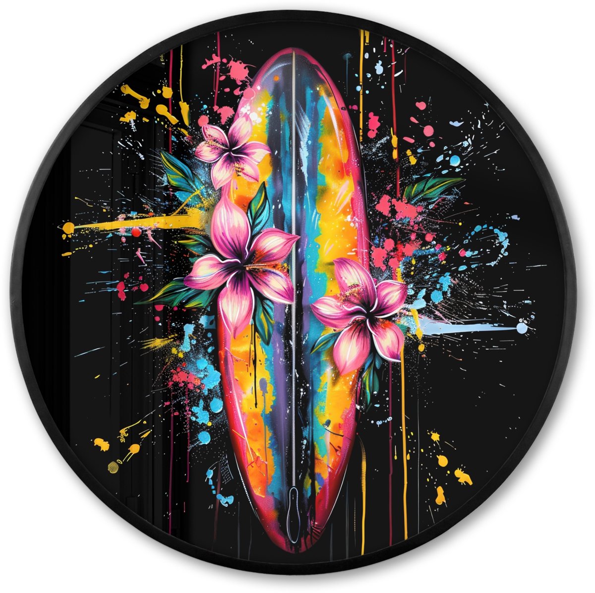 FrameYourWall Poster in lijst Rond - Fotolijst 80x80 cm - Posters - Graffiti - Sport - Surfen - Zomer - Ronde posterlijst zwart - Decoratie - Wanddecoratie woonkamer - Muurdecoratie slaapkamer Surfplank