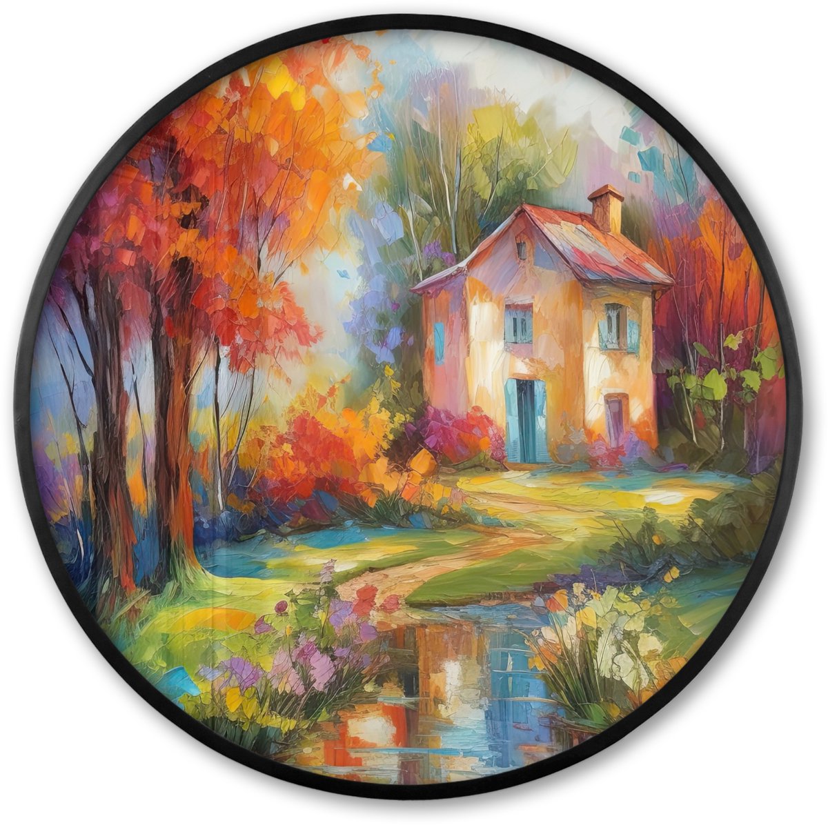 FrameYourWall Poster in lijst Rond - Fotolijst 60x60 cm - Posters - Landschap - Kleurrijk - Olieverf - Kunst - Ronde posterlijst zwart - Decoratie - Wanddecoratie woonkamer - Muurdecoratie slaapkamer Olieverf - Huis